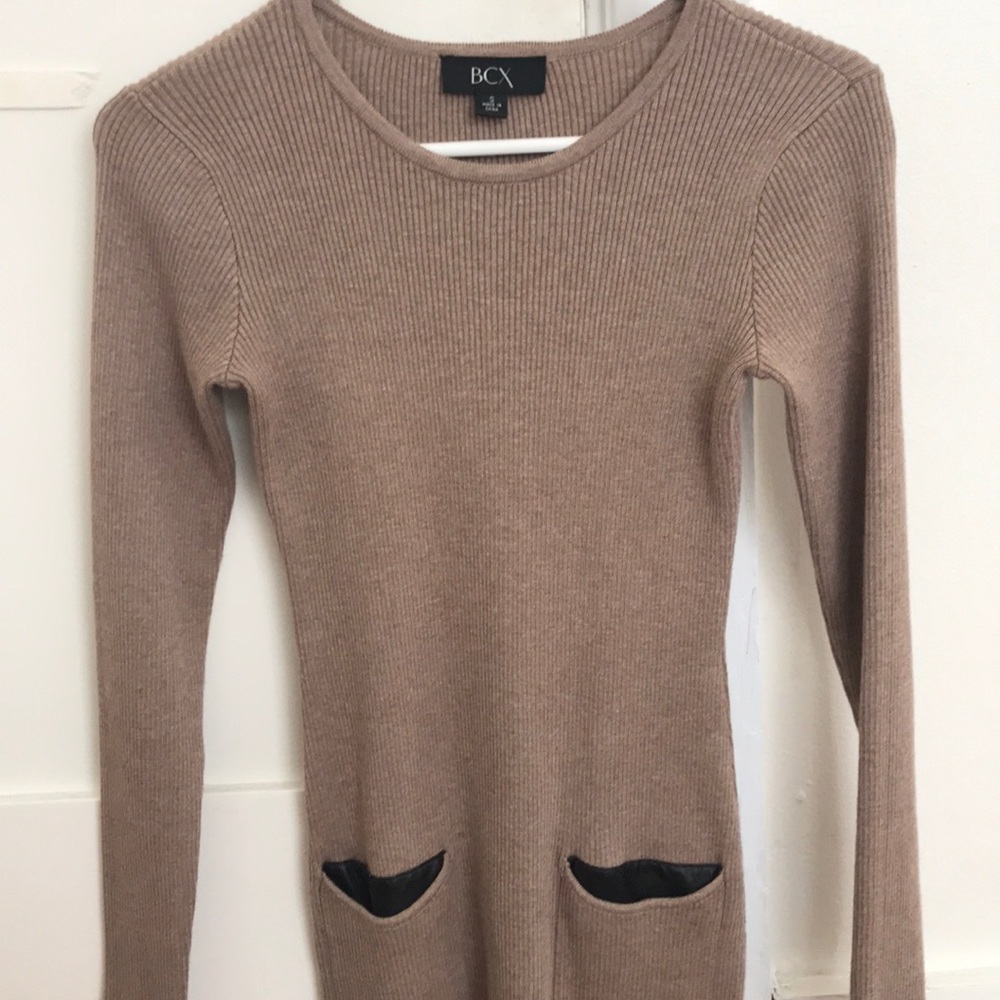 Camel Colored Sweater Dress w/ Leather Pockets